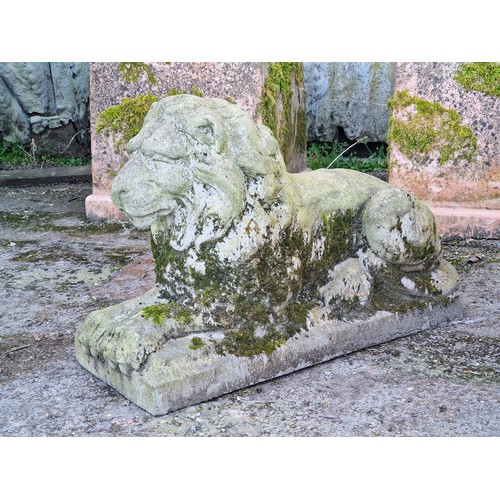 147 - Weathered reconstituted stone statue of a recumbent lion, H 51cm x W 82cm x D 31cm
