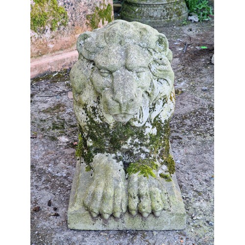 147 - Weathered reconstituted stone statue of a recumbent lion, H 51cm x W 82cm x D 31cm