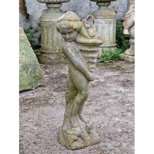 157 - Reconstituted stone water feature in the form of a cherub holding a shell, H 73cm x W 22cm
