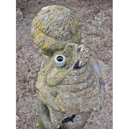157 - Reconstituted stone water feature in the form of a cherub holding a shell, H 73cm x W 22cm