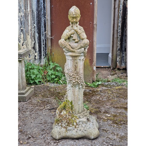 162 - Weathered reconstituted stone garden statue of Pan with fluted column and foliate detail, H 90cm x W... 