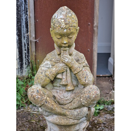 162 - Weathered reconstituted stone garden statue of Pan with fluted column and foliate detail, H 90cm x W... 