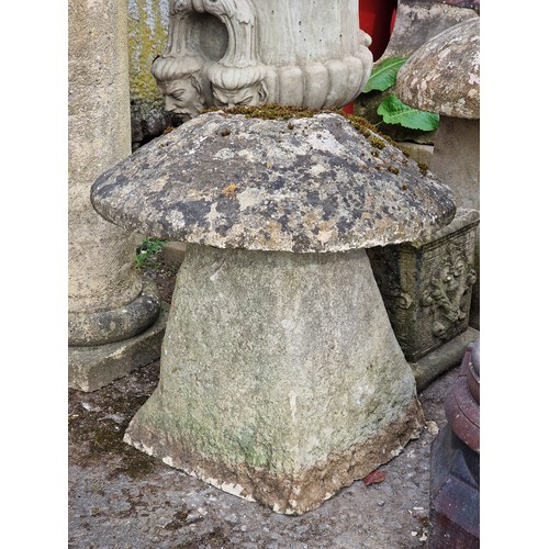 169 - Well weathered reconstituted stone staddlestone, H 59cm x W 60cm