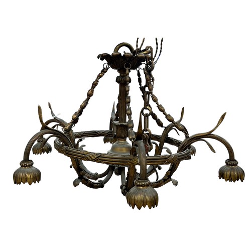 47 - A late 19th / early 20th century bronze and ormolu six-light electrolier, of circular form, the arms... 