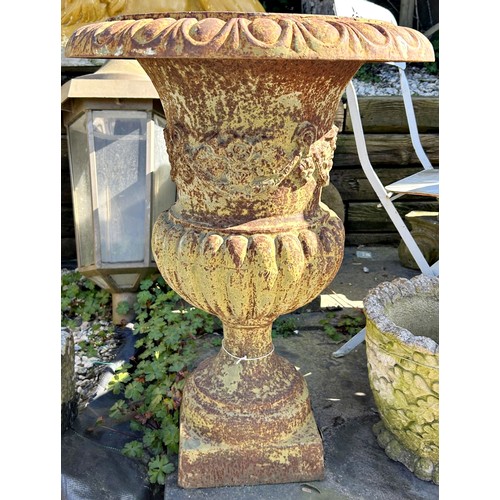 676 - 19th century cast iron half fluted campana urn with floral relief band, H 75cm x Dia 57cm

Situated ... 