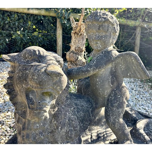 677 - Impressive antique York stone sculpture of a cherub and recumbent lion, H 90cm x W 125cm

Situated a... 