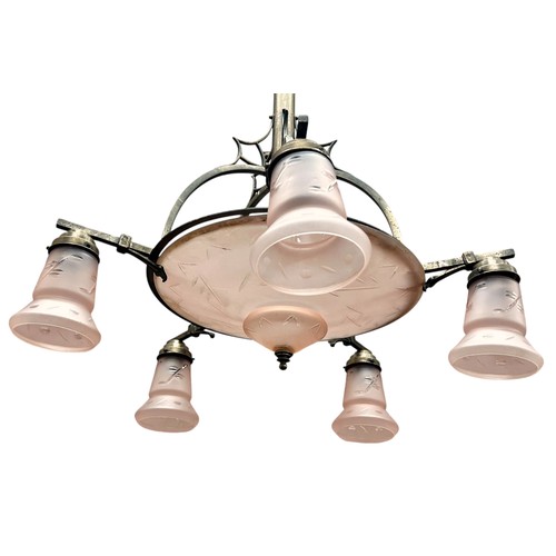 35 - Austrian 1920's old nickel plated brass ceiling light with pink plafonnier, central shade, and five ... 