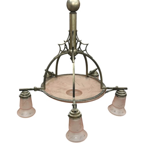 35 - Austrian 1920's old nickel plated brass ceiling light with pink plafonnier, central shade, and five ... 