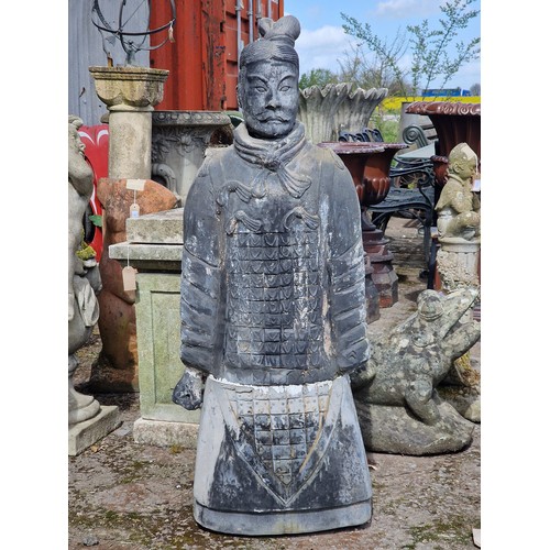 156 - Terracotta warrior style statue with distressed black paintwork, H 120cm x W 46cm x D 33cm