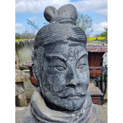 156 - Terracotta warrior style statue with distressed black paintwork, H 120cm x W 46cm x D 33cm