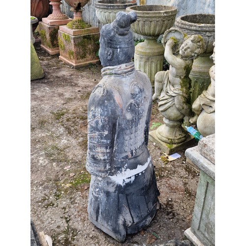 156 - Terracotta warrior style statue with distressed black paintwork, H 120cm x W 46cm x D 33cm