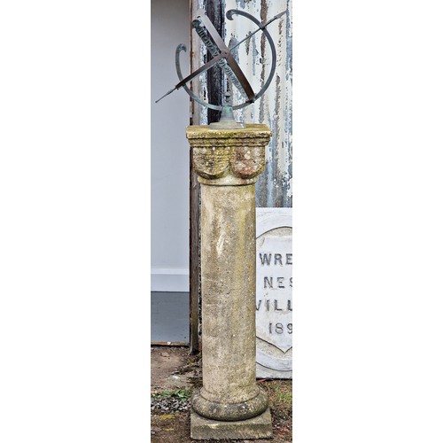 167 - 20th century bronze armillary sphere raised on a weathered reconstituted stone Ionic column pedestal... 