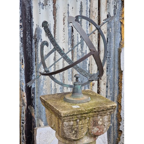 167 - 20th century bronze armillary sphere raised on a weathered reconstituted stone Ionic column pedestal... 