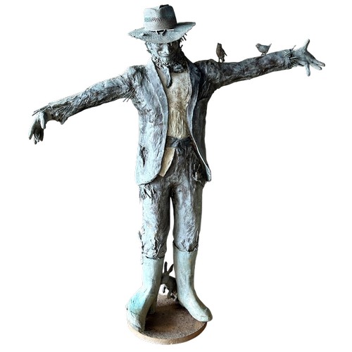 Lloyd Le Blanc (b 1940) - 'Scarecrow', signed, limited 9/12, life size bronze sculpture, with birds on his arm and a rabbit at his feet, H 182cm