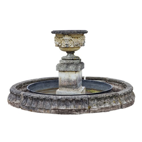 336 - Haddonstone - Exceptional weathered reconstituted stone water feature, the central urn with repeatin...