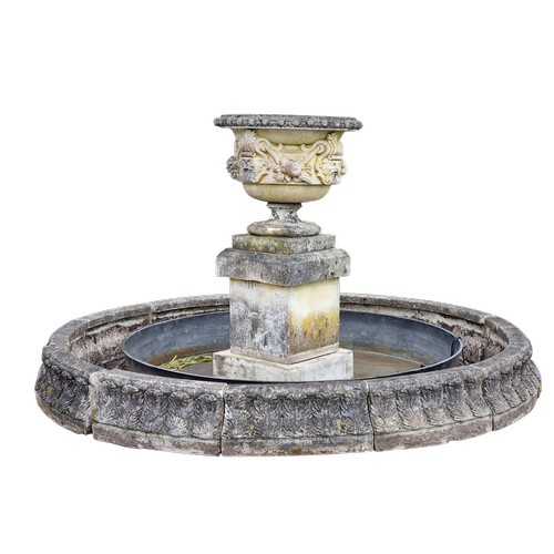 336 - Haddonstone - Exceptional weathered reconstituted stone water feature, the central urn with repeatin... 
