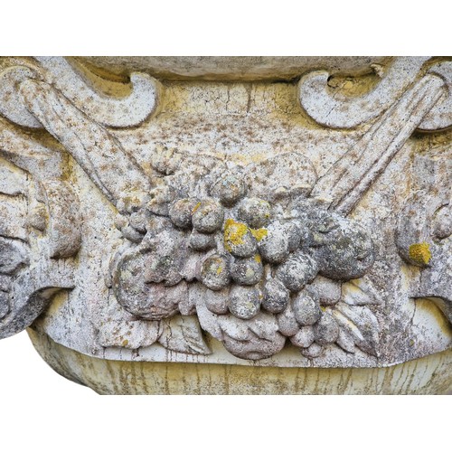 336 - Haddonstone - Exceptional weathered reconstituted stone water feature, the central urn with repeatin... 
