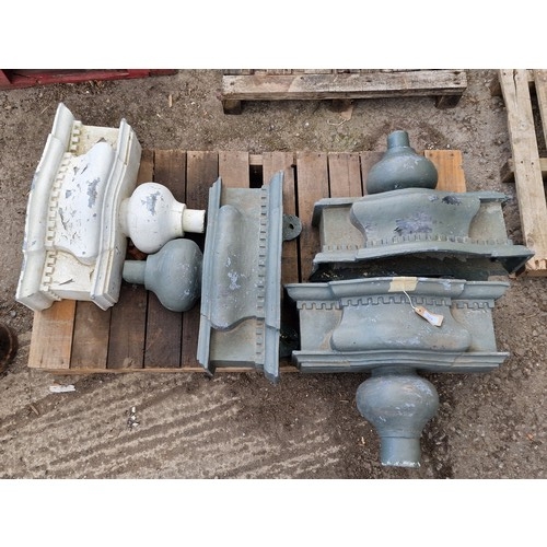 179 - Four reclaimed lead drain hoppers of serpentine form with castellated detail, H 45cm x W 56cm x D 18... 