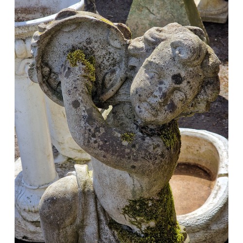 159 - Pair of weathered reconstituted stone garden statues of musical cherubs seated on ball pier caps, on... 