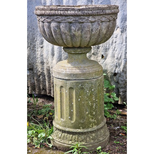 161 - Haddonstone - Set of four weathered reconstituted stone garden urns with lobed bowls, raised on flut... 