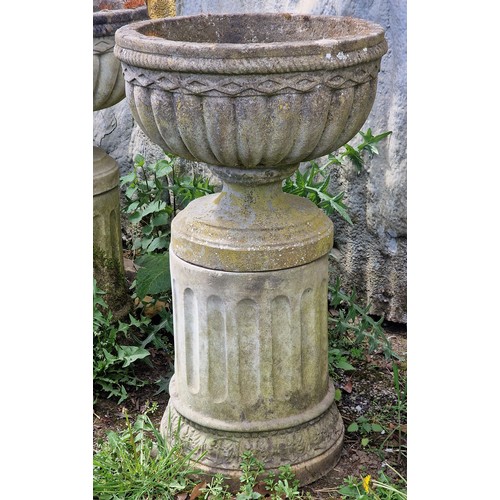 161 - Haddonstone - Set of four weathered reconstituted stone garden urns with lobed bowls, raised on flut... 