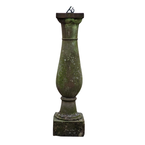 669A - Good antique sundial with substantial weathered natural stone baluster column, H 123cm x W 30cm x D ... 