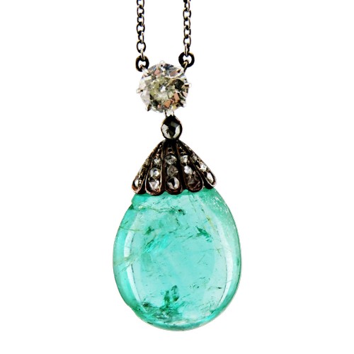 4 - An antique emerald and diamond pendant necklace, the drop-shaped emerald suspended from a rose diamo... 