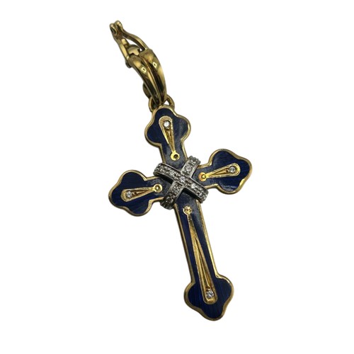 20 - Collection Faberge by Victor Mayer, a vintage gold, diamond and blue enamel botonee cross, circa 200... 