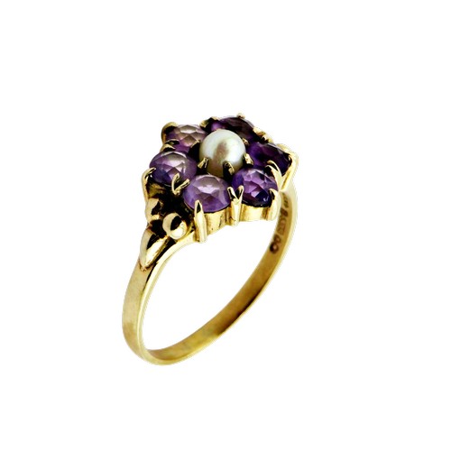 57 - A vintage 9ct gold, amethyst and cultured pearl cluster ring, centred with a small 3.7mm diameter cu... 
