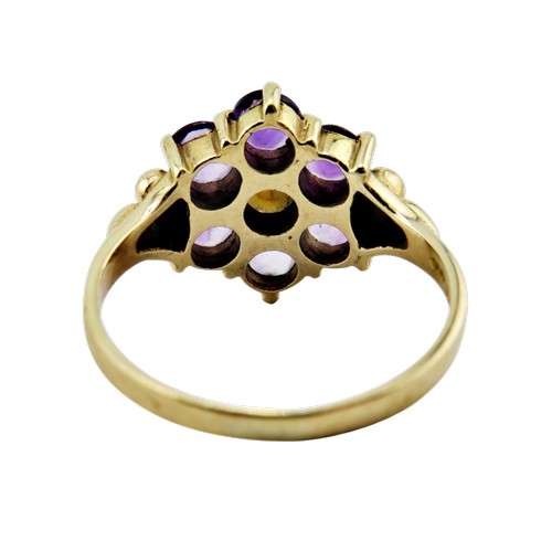 57 - A vintage 9ct gold, amethyst and cultured pearl cluster ring, centred with a small 3.7mm diameter cu... 