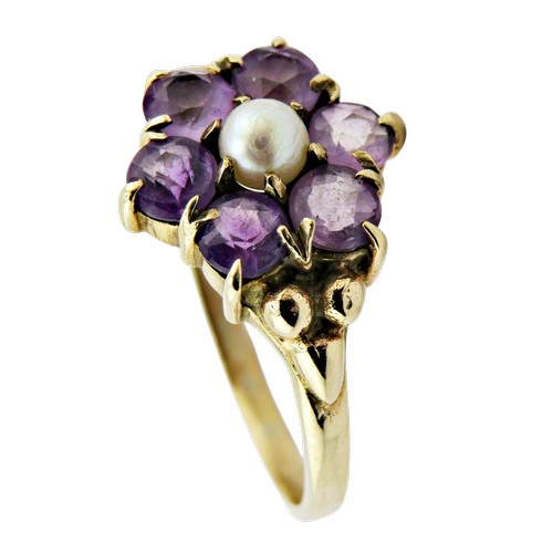 57 - A vintage 9ct gold, amethyst and cultured pearl cluster ring, centred with a small 3.7mm diameter cu... 