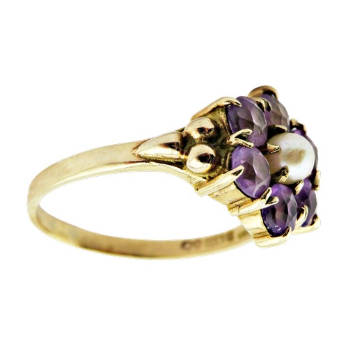 57 - A vintage 9ct gold, amethyst and cultured pearl cluster ring, centred with a small 3.7mm diameter cu... 