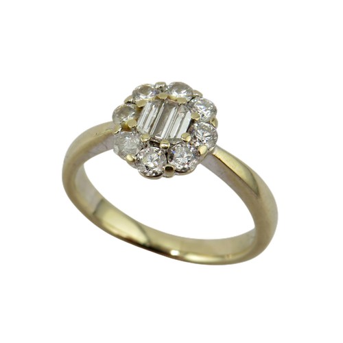 33 - An 18ct white gold and diamond oval cluster ring, centred with three bevel-edged baguette-cut diamon... 