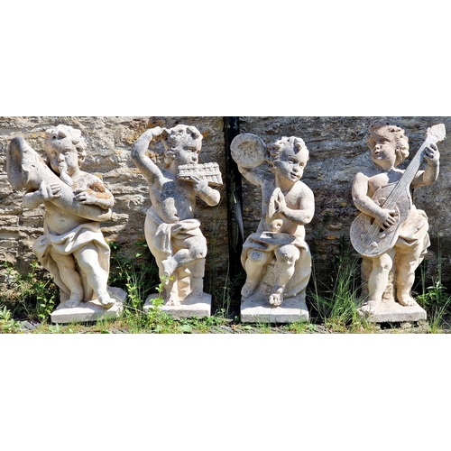 Good set of four carved natural stone statues of musical cherubs playing a variety of instruments, largest H 86cm (4) NB: Situated at John Robson's Reclamation, (A40) London Road, Northleach, Cheltenham GL54 3LX