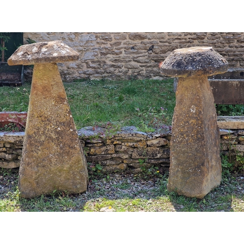 Matched pair of tall weathered natural stone staddle stones with domed tops, largest H 110cm x W 49cm (2) NB: Situated at John Robson's Reclamation, (A40) London Road, Northleach, Cheltenham GL54 3LX