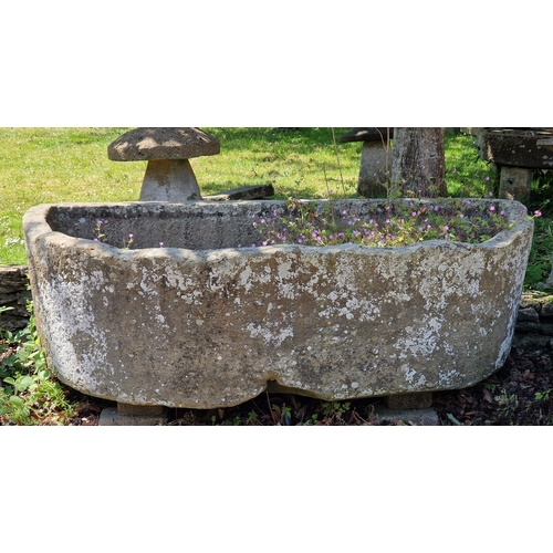 Large antique weathered natural stone D end trough, H 55cm x W 200cm x D 105cm NB: Situated at John Robson's Reclamation, (A40) London Road, Northleach, Cheltenham GL54 3LX