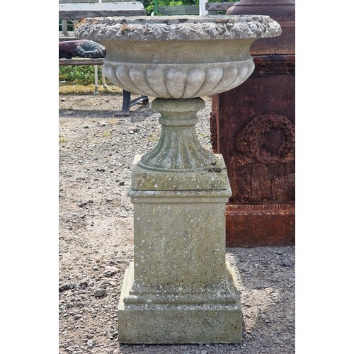 2 - Haddonstone - Pair of weathered reconstituted stone regency style urns with lobed bowls, raised on s... 