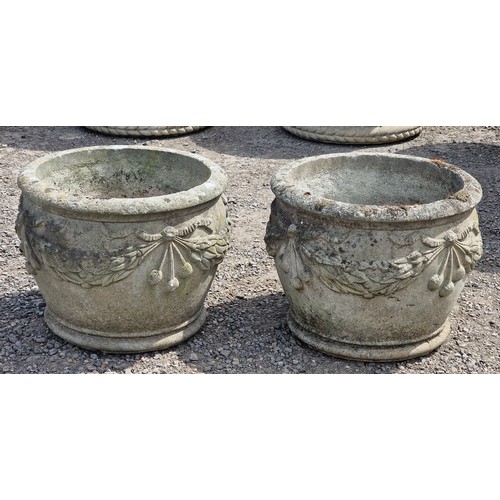 3 - Haddonstone - Pair of reconstituted stone garden planters with ornate foliate swag relief, H 33cm x ... 