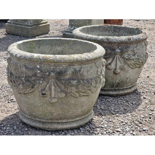 3 - Haddonstone - Pair of reconstituted stone garden planters with ornate foliate swag relief, H 33cm x ... 
