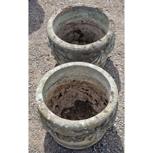 3 - Haddonstone - Pair of reconstituted stone garden planters with ornate foliate swag relief, H 33cm x ... 