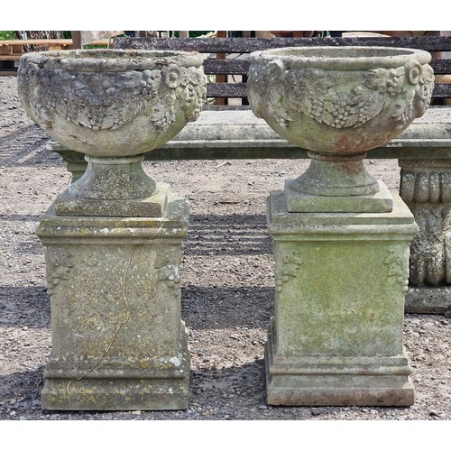 5 - Haddonstone - Pair of weathered reconstituted stone garden urns with grape vine relief, raised on sq... 