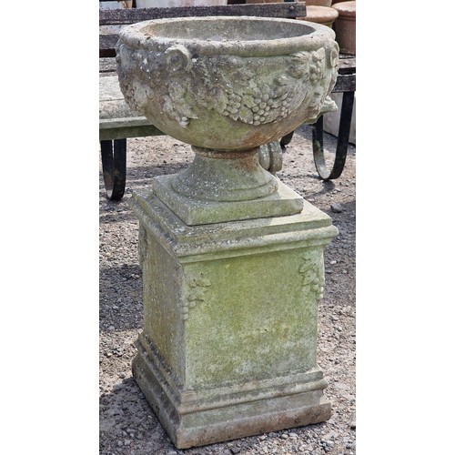 5 - Haddonstone - Pair of weathered reconstituted stone garden urns with grape vine relief, raised on sq... 