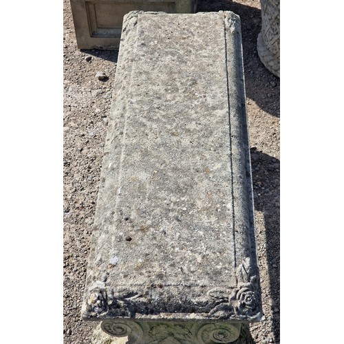 6 - Haddonstone - Weathered reconstituted stone pedestal bench with scrolled ends and floral relief, H 4... 