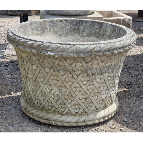 7 - Haddonstone - Pair of weathered reconstituted stone garden planters with repeating floral relief and... 