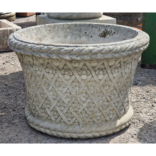 7 - Haddonstone - Pair of weathered reconstituted stone garden planters with repeating floral relief and... 