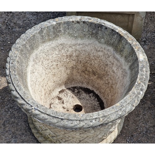 7 - Haddonstone - Pair of weathered reconstituted stone garden planters with repeating floral relief and... 