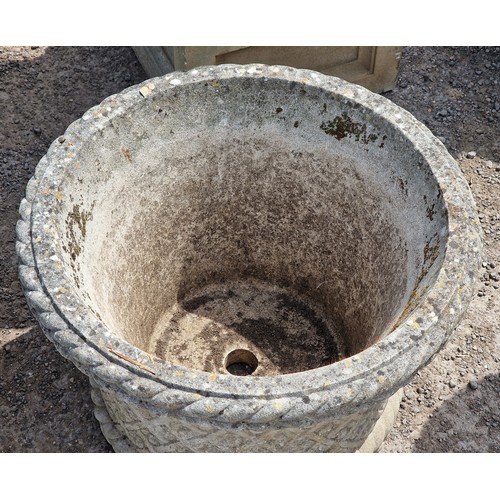 7 - Haddonstone - Pair of weathered reconstituted stone garden planters with repeating floral relief and... 