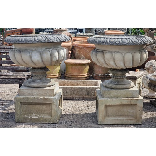 8 - Haddonstone - Pair of reconstituted stone 'Westonbirt' garden urns with spiralled bowls and darted r... 