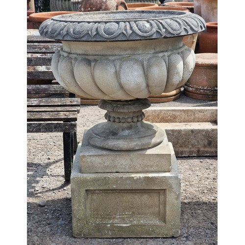 8 - Haddonstone - Pair of reconstituted stone 'Westonbirt' garden urns with spiralled bowls and darted r... 