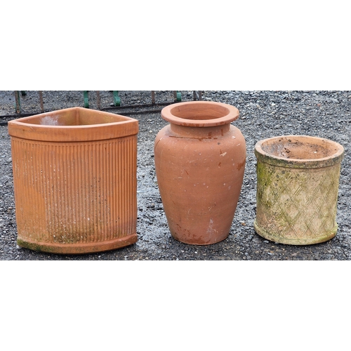 11 - Terracotta amphora urn, H 56cm x W 36cm, together with a terracotta lattice planter and a terracotta... 